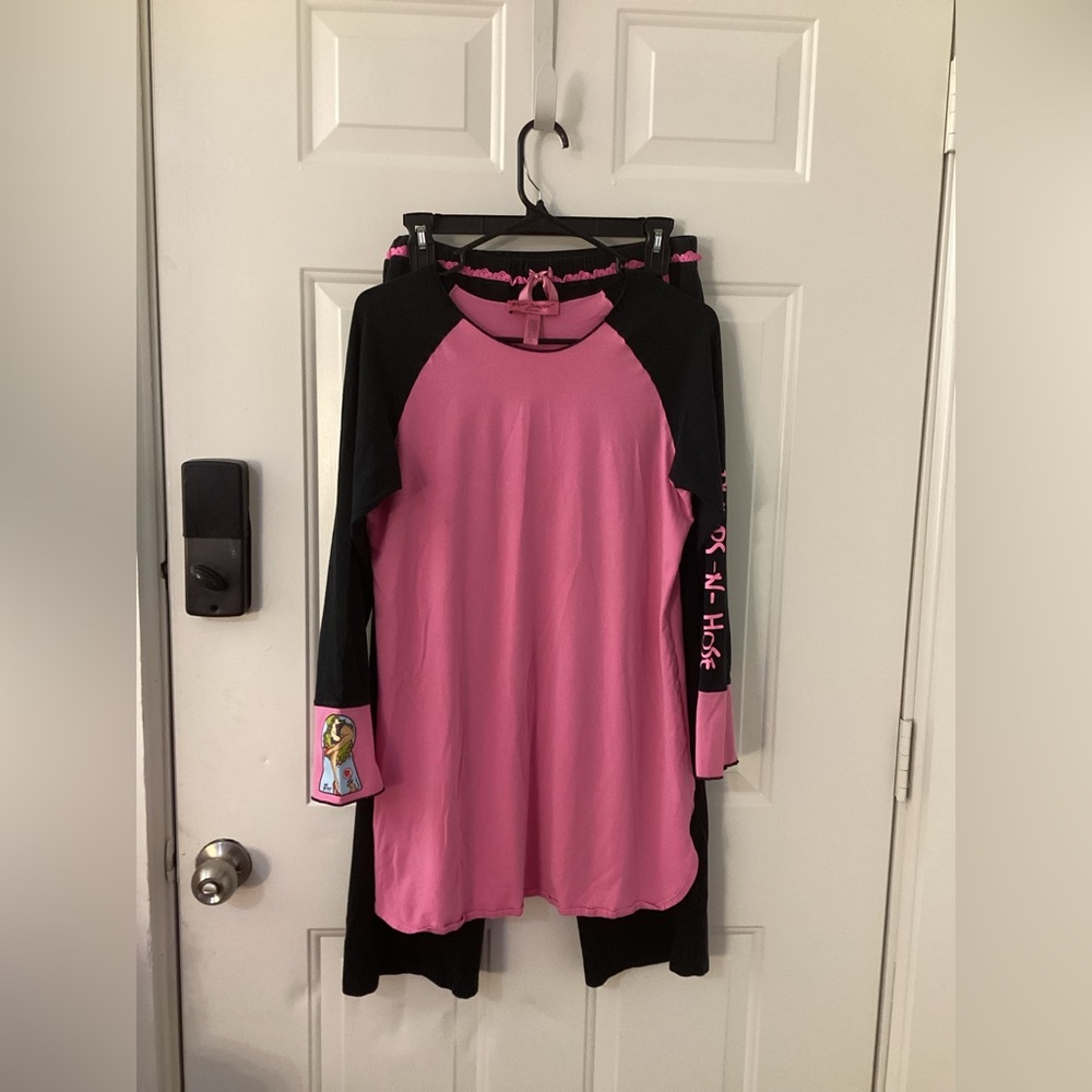 Betsey Johnson Pink and Black Lace Trim Pajama Set
